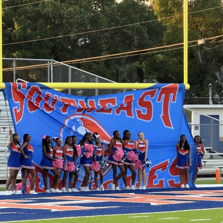 cheerleaders standing in the end zone as marching band plays on the field