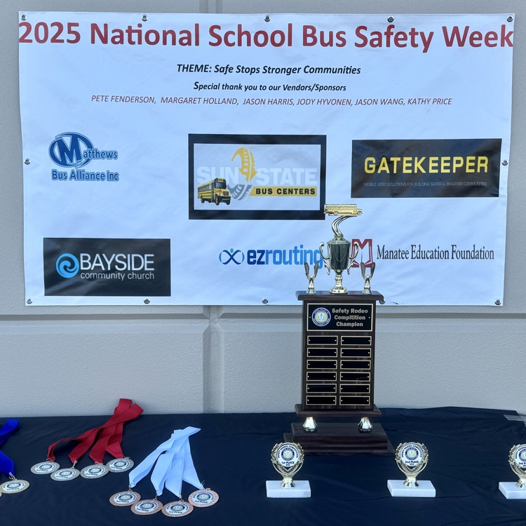 A poster featuring the sponsors for this year’s school bus safety week and bus rodeo event