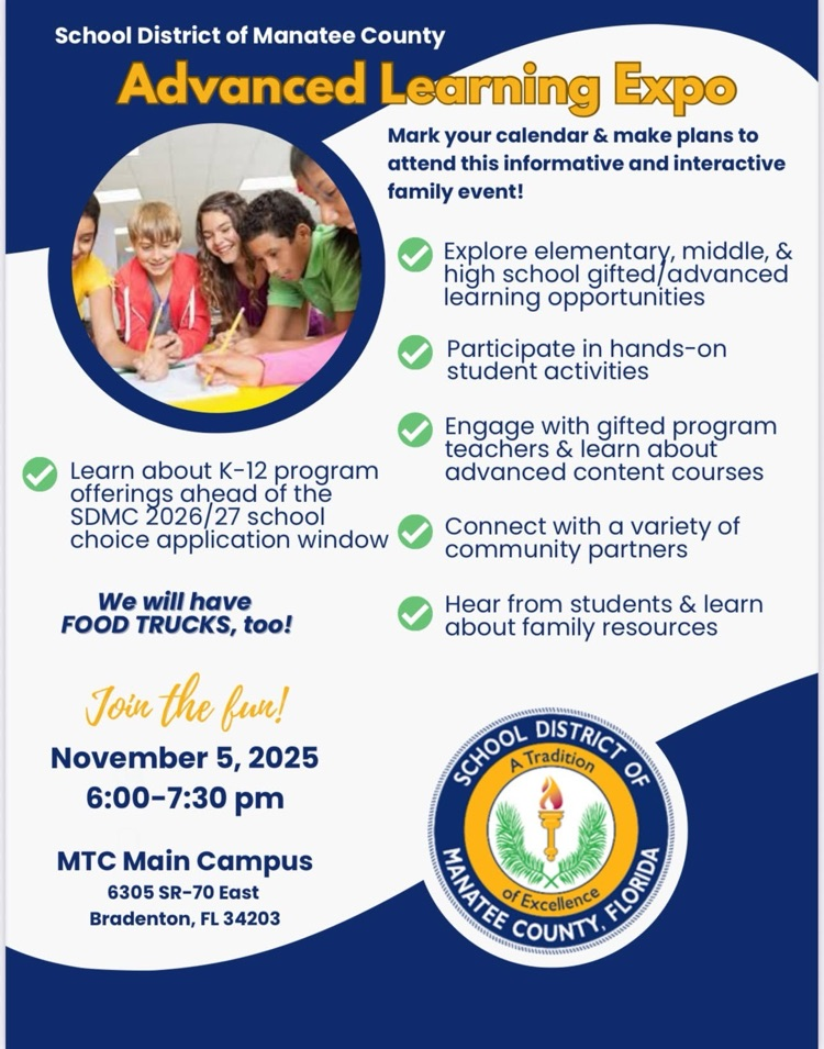 A flyer for the advanced learning expo being held at Manatee technical College on November 5 from six until 7:30 PM