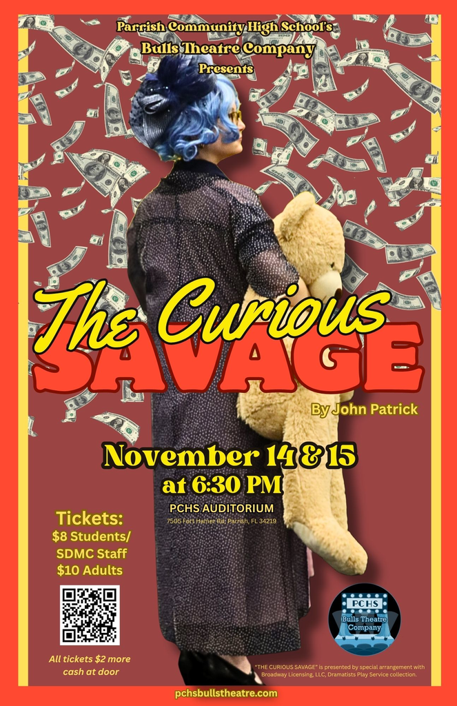 A theatre ad for The Curious Savage, playing at Parrish Community High School on November 14 and 15