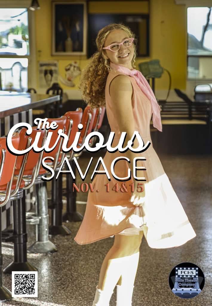 A young woman in pink dress and classes poses in an ad for a high school play, The Curious Savage.