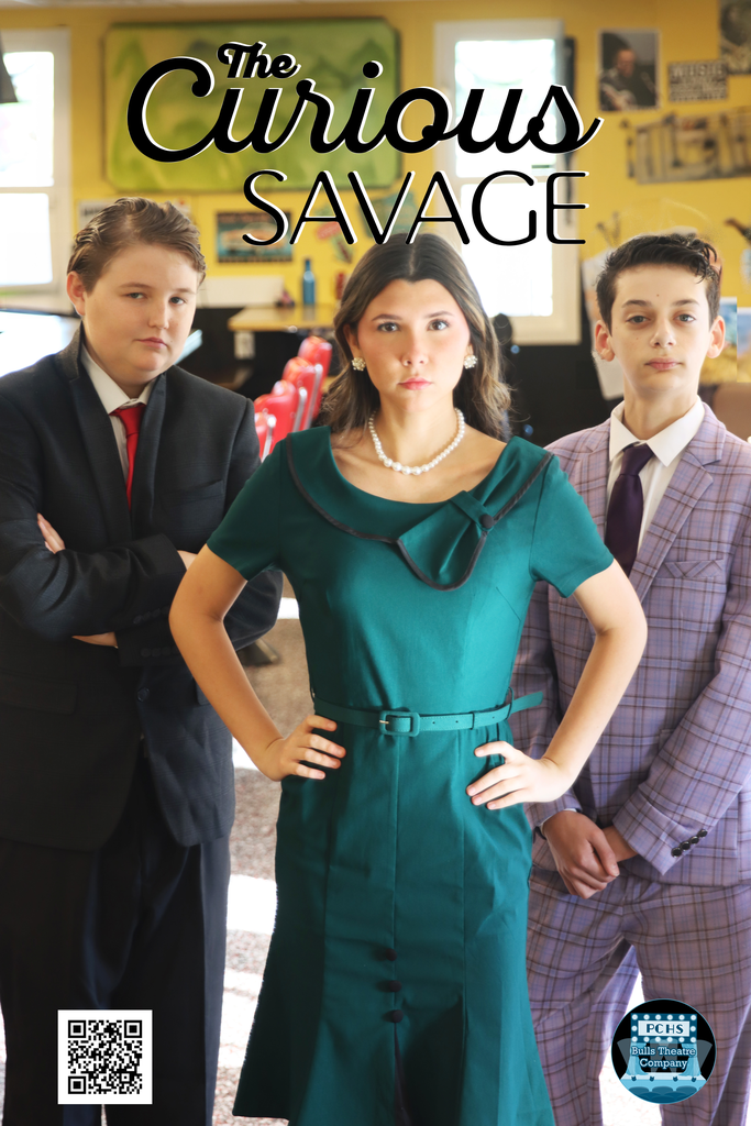 Three theatre actors with the title, "The Curious Savage".