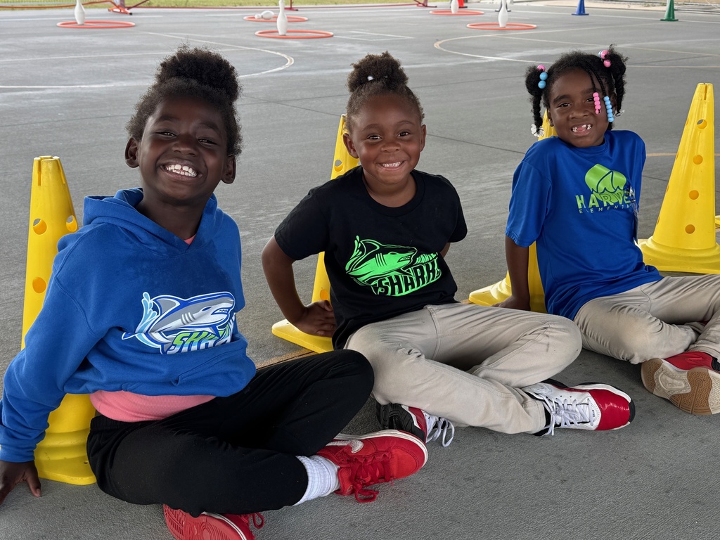 Three students wearing t-shirts with their school mascot, the sharks, smiling at PE