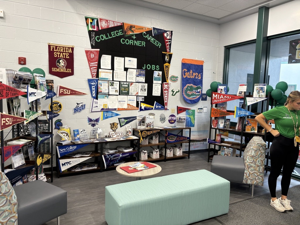 College pennants, seating areas and pamphlets in Lakewood Ranch High's new college and career center.