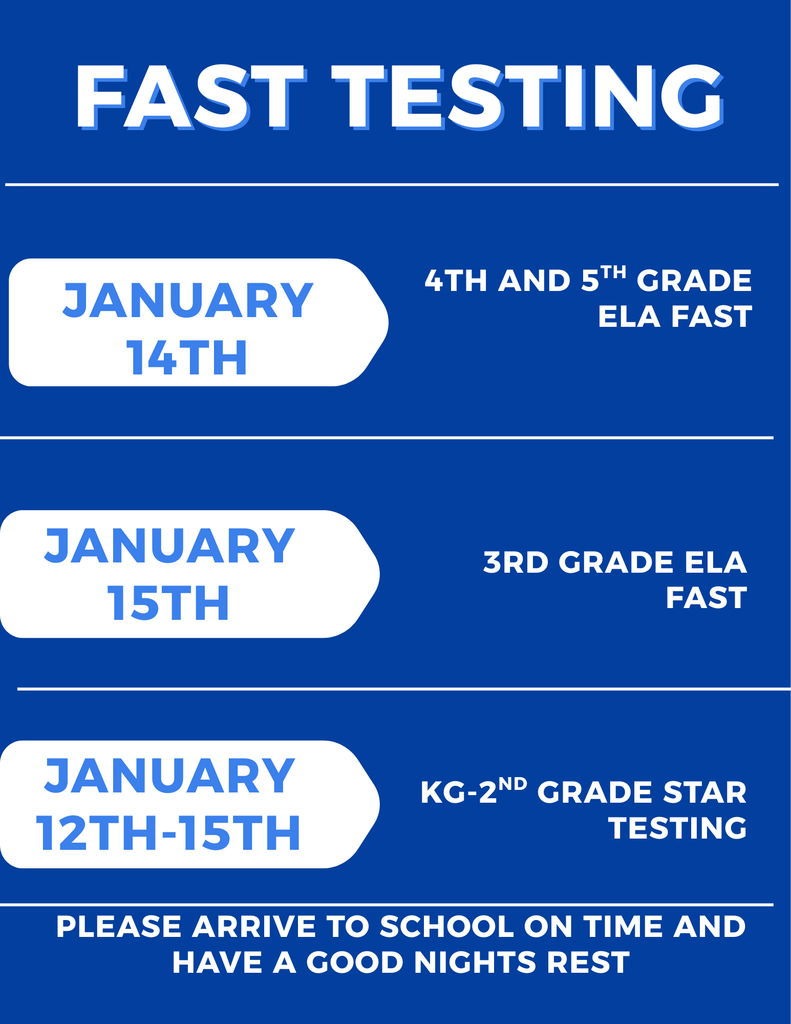 📢 FAST Testing Reminder – Freedom Elementary 📢 ✅ 4th & 5th Grade: Testing on Tuesday, January 14th ✅ 3rd Grade: Testing on Wednesday, January 15th ✅ Kindergarten–2nd Grade: STAR Testing all this week Please make sure students: ✔ Arrive on time ✔ Get a good night’s rest ✔ Eat a healthy breakfast Thank you for helping your child be prepared and ready to shine! 🌟