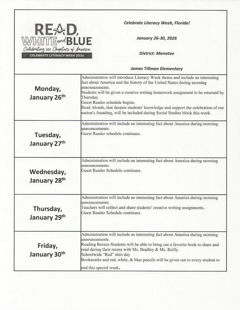 Tillman Daily Schedule