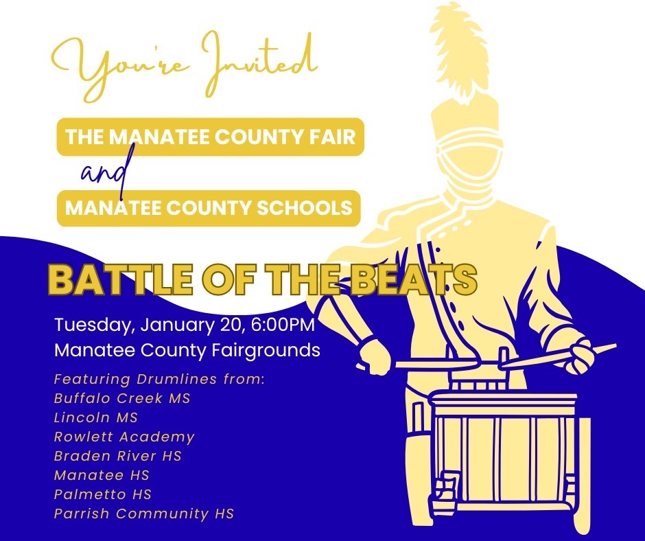 An invitation featuring the outline of a snare drum musician and a list of high schools participating in a fair competition.
