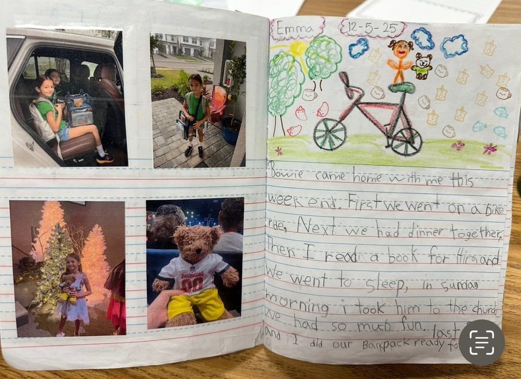 A child's journal entry sharing details of her adventures with a class bear.