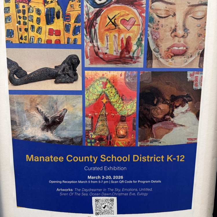 A poster for a K through 12 student art exhibit on display in downtown Bradenton