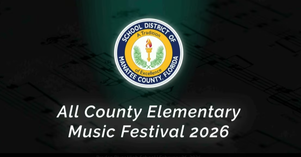 School District of Manatee County logo with "All County Elementary Music Festival 2026" in white letters.