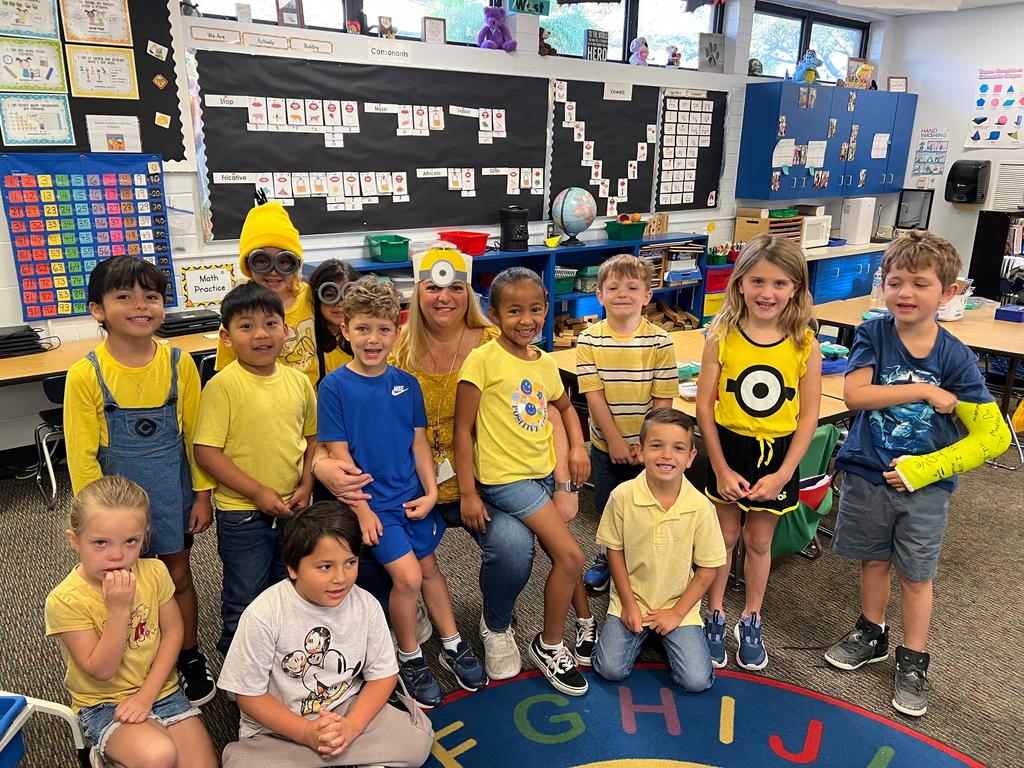 kindergarten students dressed for Minion Monday