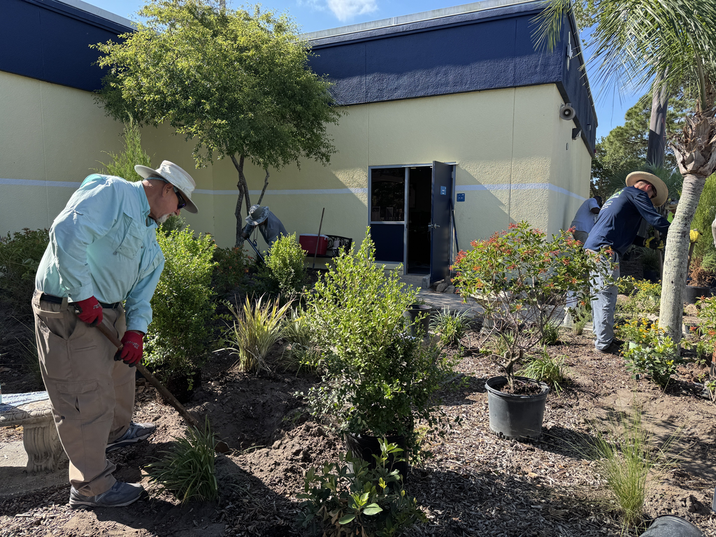 A man in blue shirt and khaki pants using a shovel to dig up a garden.