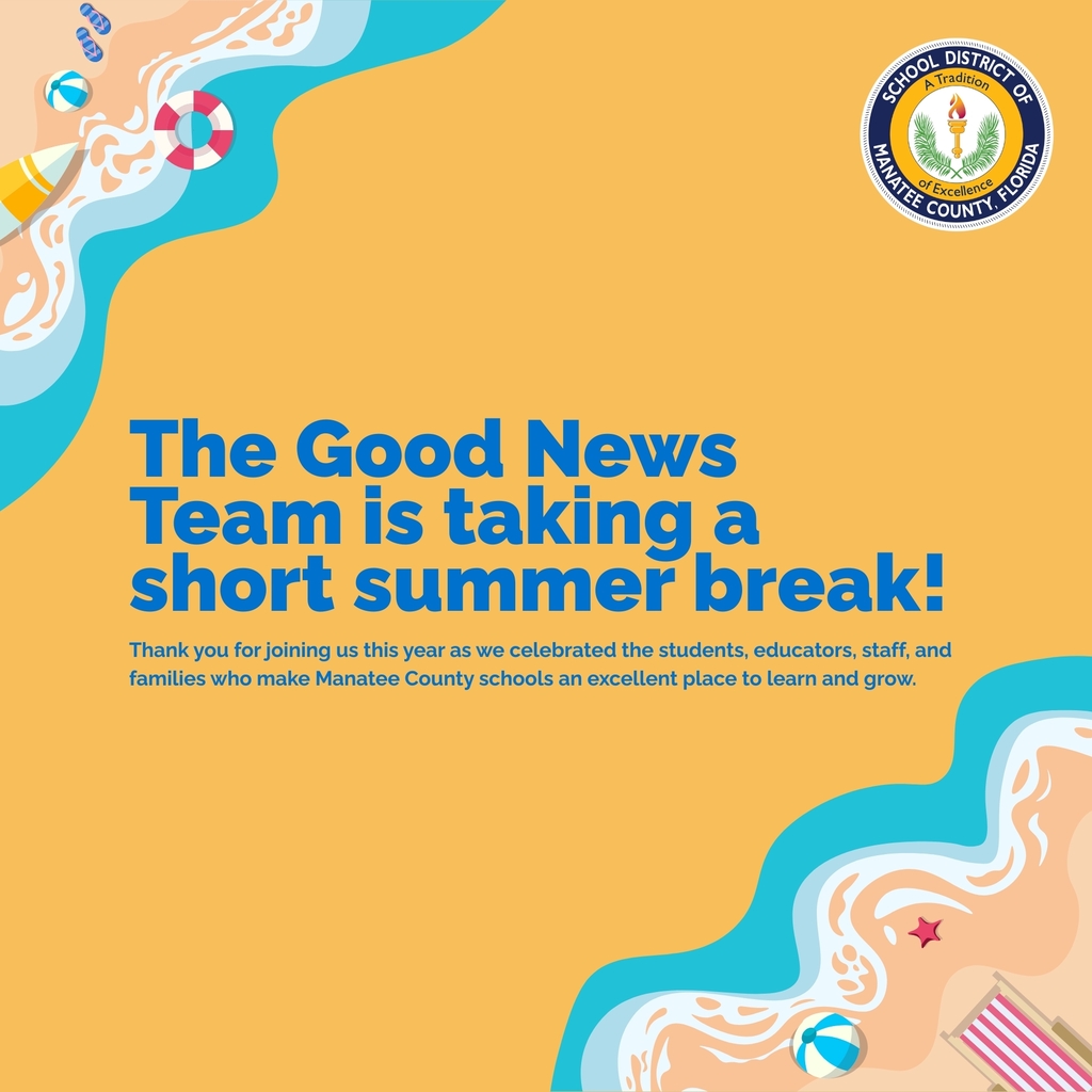 A yellow graphic with beach accents that reads, 'The Good News Team is taking a short summer break!'