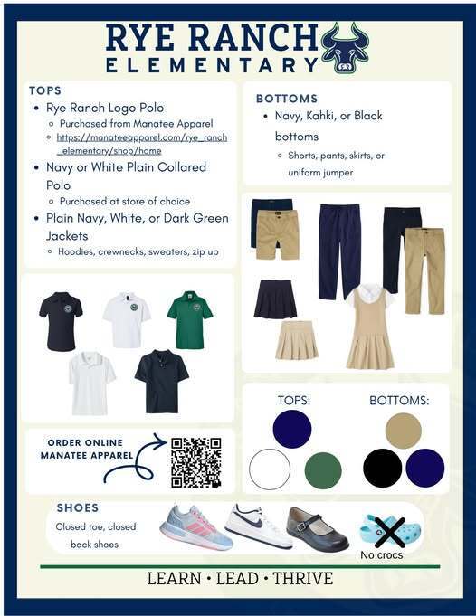 Rye Ranch Uniform Info. Tops can be purchased at Manatee Apparel. Navy blue, white, or dark green tops can be purchased from any store. Black, navy, or khaki bottoms may be purchased at any store.