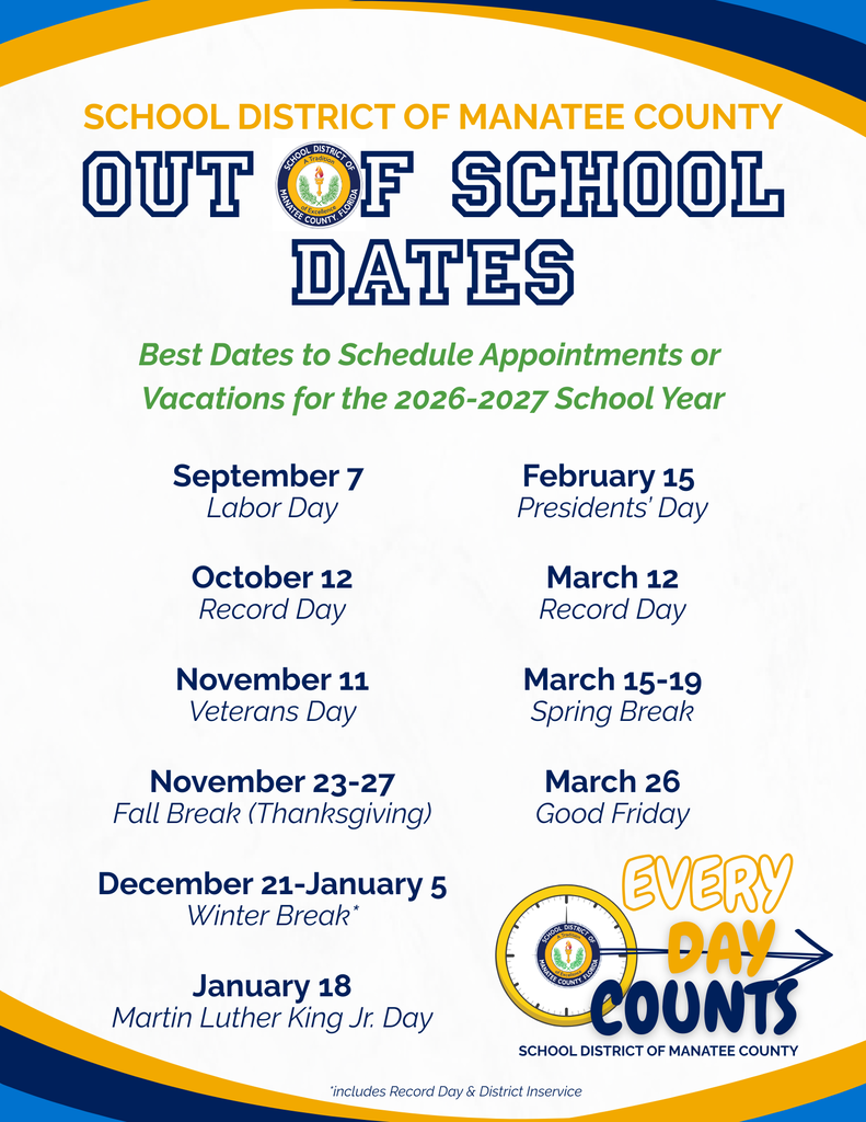 A listing of all of the school days off for the 2026-2027 school year.
