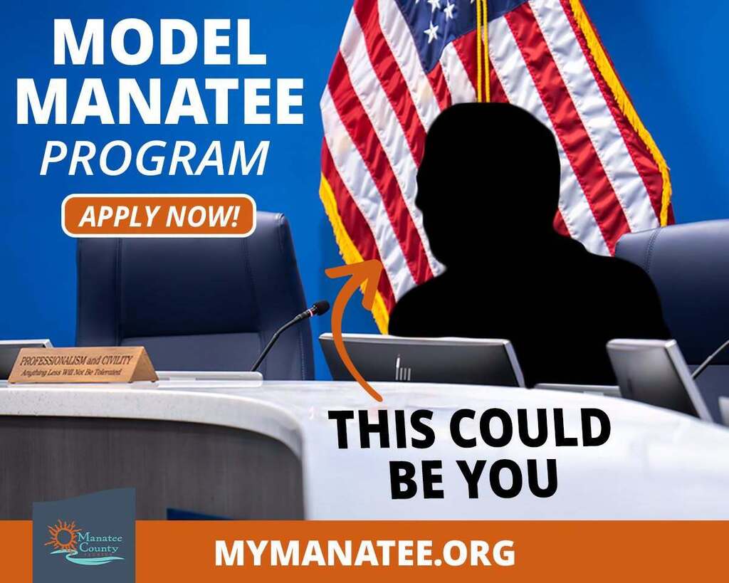 A graphic that reads, "Model Manatee Program - Apply Now www.mymanatee.org" with an American flag