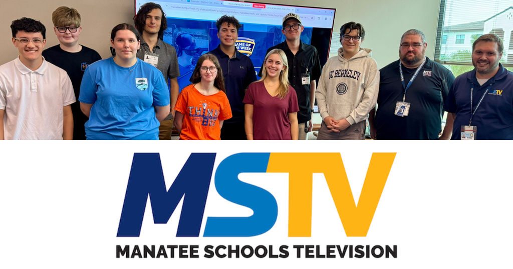 Young people standing shoulder to shoulder and smiling with an MSTV Manatee Schools Television logo beneath.