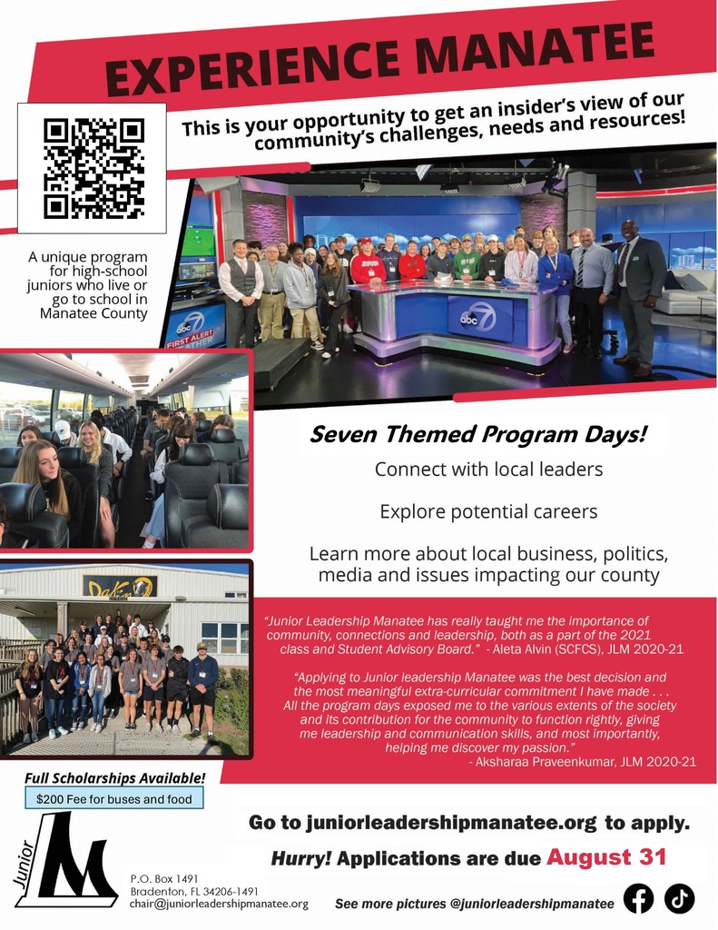 A flyer for Junior Leadership Manatee. Applications due August 31st on www.juniorleadershipmanatee.org