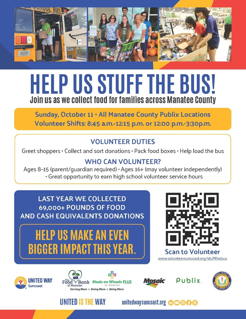 Flyer advertising volunteer opportunity for Stuff the Bus event on October 11, 2026