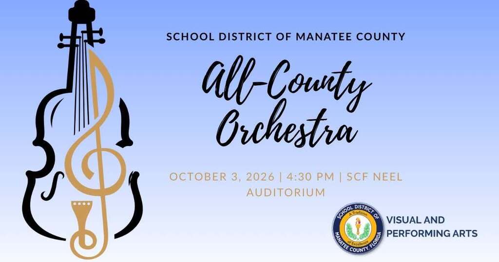 A blue graphic showing a violin with words All-County Orchestra