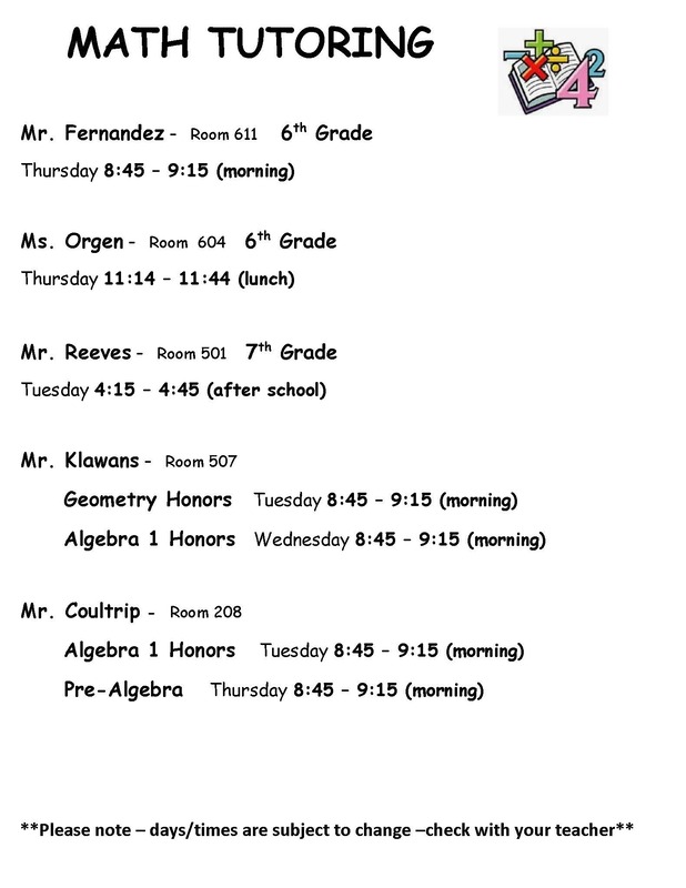 Math Tutoring Schedule