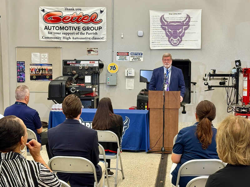 The director of career and technical programs thanks Gettel for their generous donation