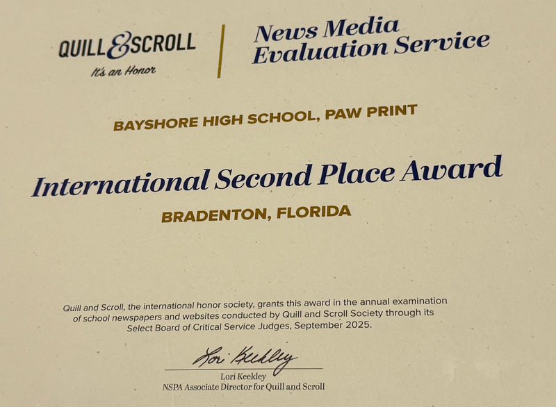 A certificate for International Second Place Award for Bayshore High School Paw Print
