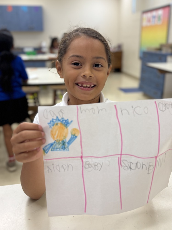 A student artist shows off her drawing in class