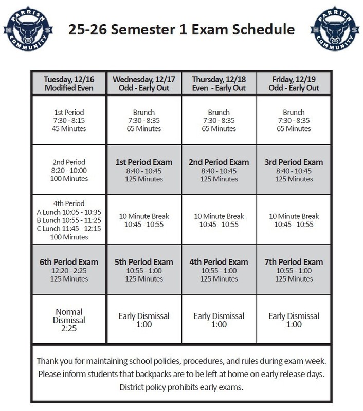 Picture of the Semester 1 Exam Schedule