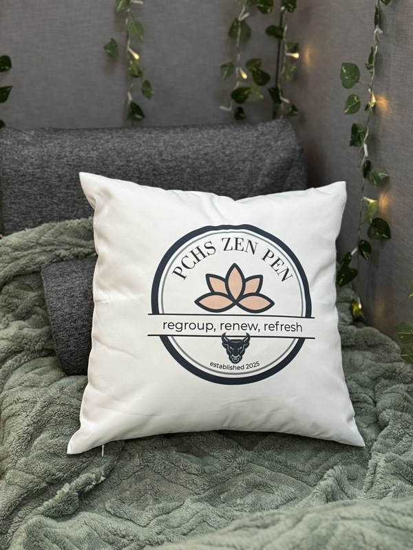 A pillow that says PCHS Zen Pen: regroup, renew, refresh