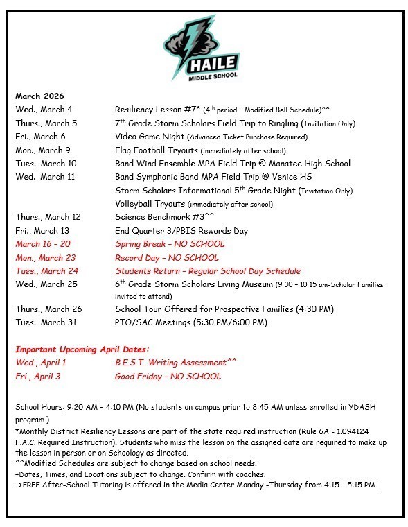 March 2026 Calendar of Events at Haile Middle School