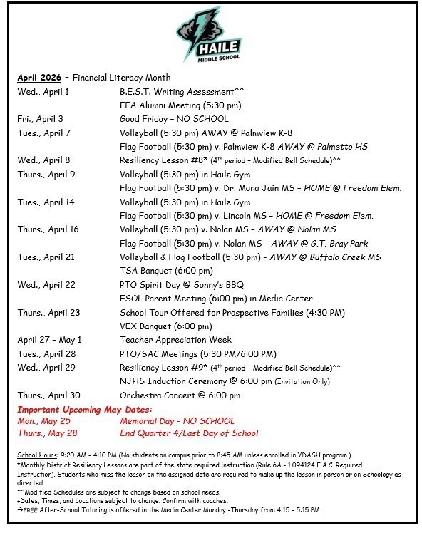 April 2026 Calendar of Events
