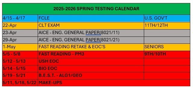 spring 2026 test schedule