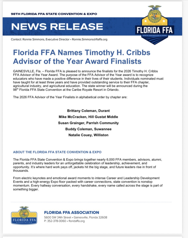 FFA news release highlighting the Florida  FFA Timonthy G. Cribbs Advisor of the Year Finalists