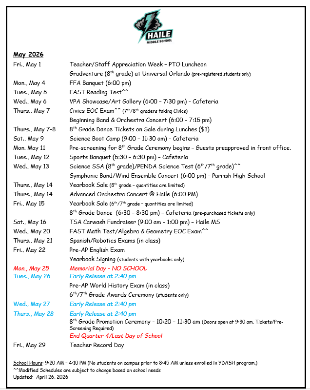 May 2026 Calendar of Events
