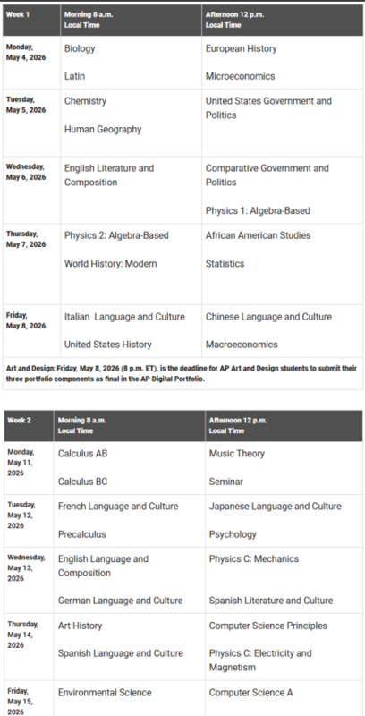 ap test schedule 2026