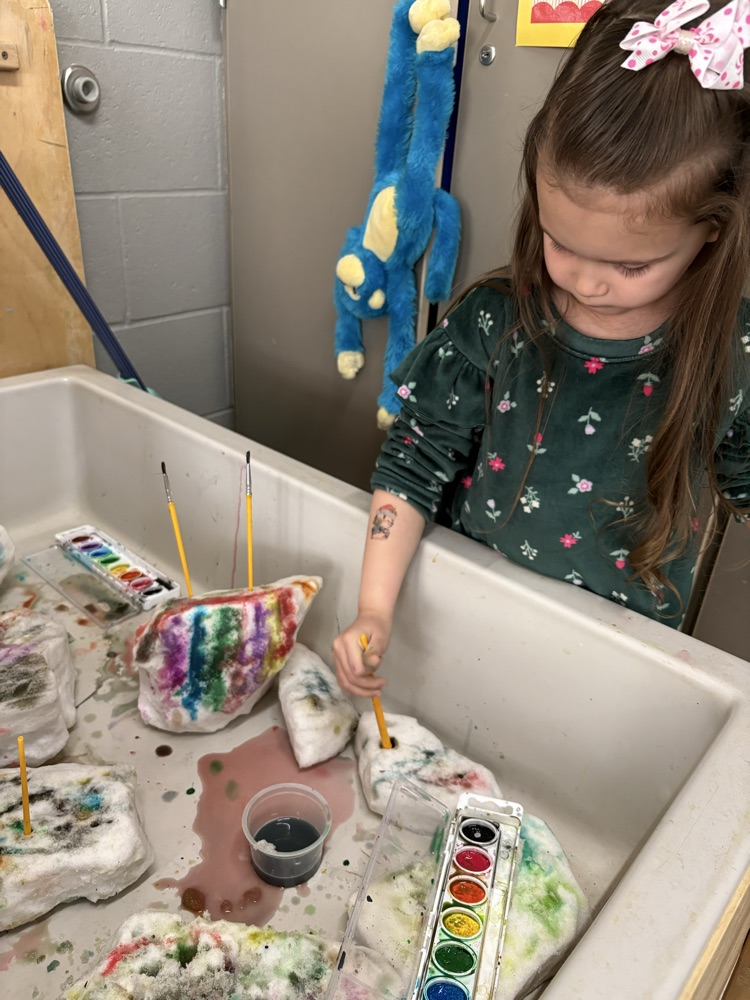 Too cold to play outside so Ms. Falkner brought snow inside.🎨❄️🐵
