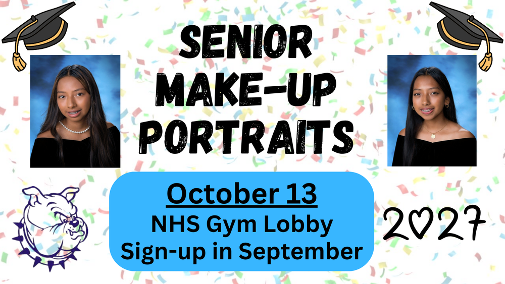 Senior Makeup Portraits October 13 NHS Gym Lobby. Confetti background with senior pictures