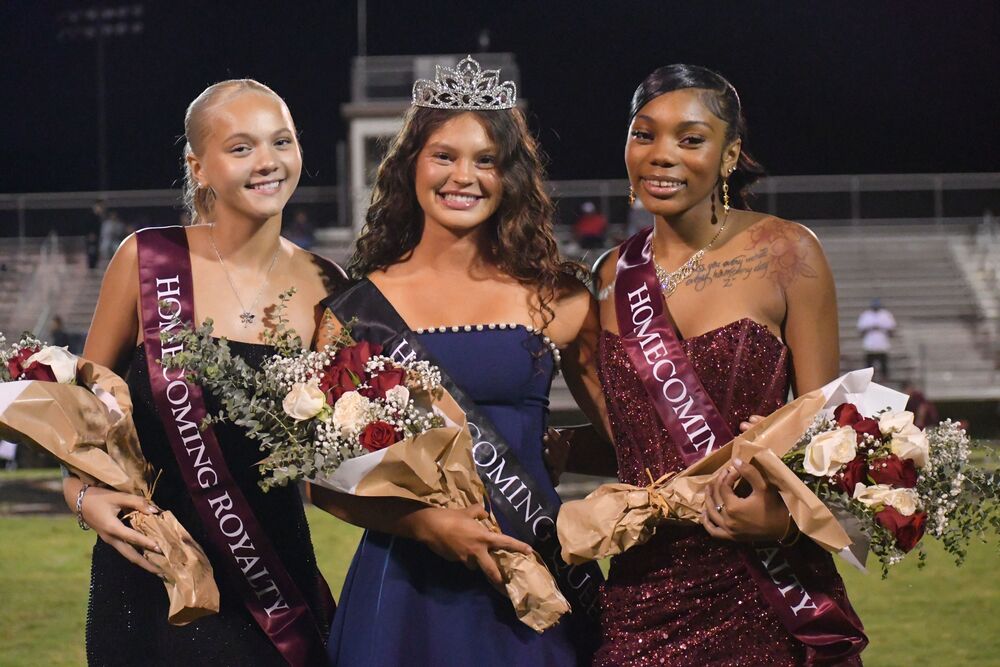 2026 Homecoming Queen Helena Mewbourn with 1st Runner up Kellia Griggs and 2nd Runner up Kristian Hiller