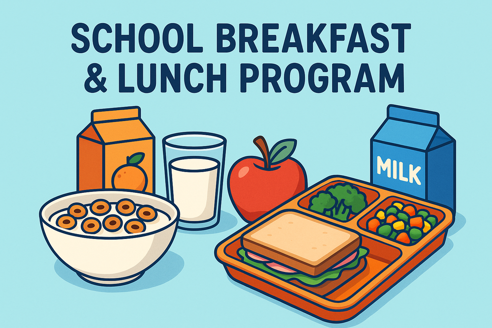 School lunch program. Image of milk, cereal, sandwich, and lunch tray