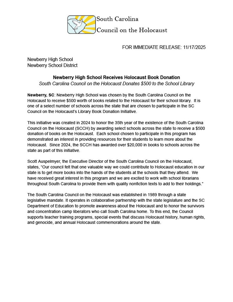 South Carolina Council on the  Holocaust Press Release