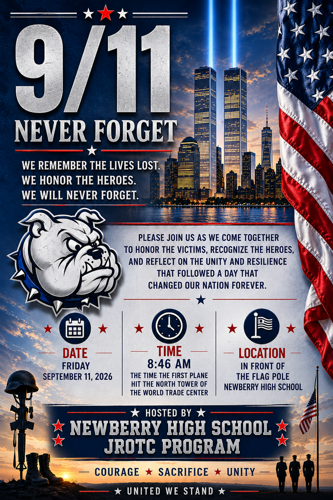 9/11 Never Forget Flyer with twin towers and American Flag with image of a bulldog