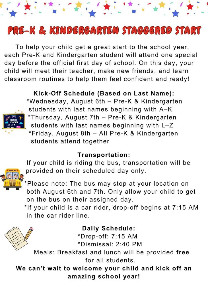 Pre-K & Kindergarten Staggered Start Information