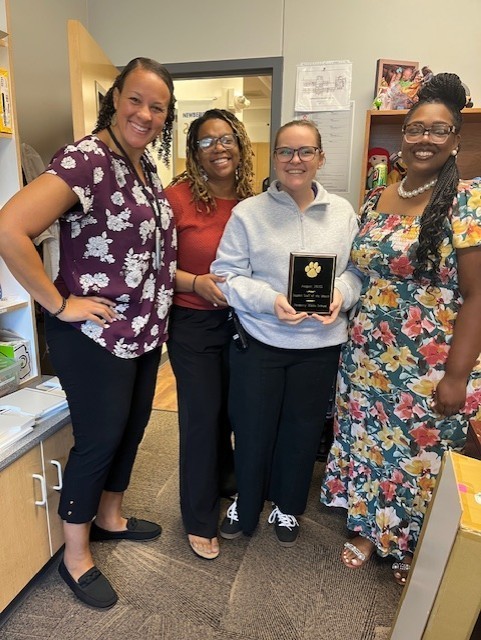 Kelly Leopard-Support Staff of the Month (Aug. 2025) (Pictured: Dr. Jeter, Megan Drayton Kelly Leopard, and Jennifer Brown) Left to Right