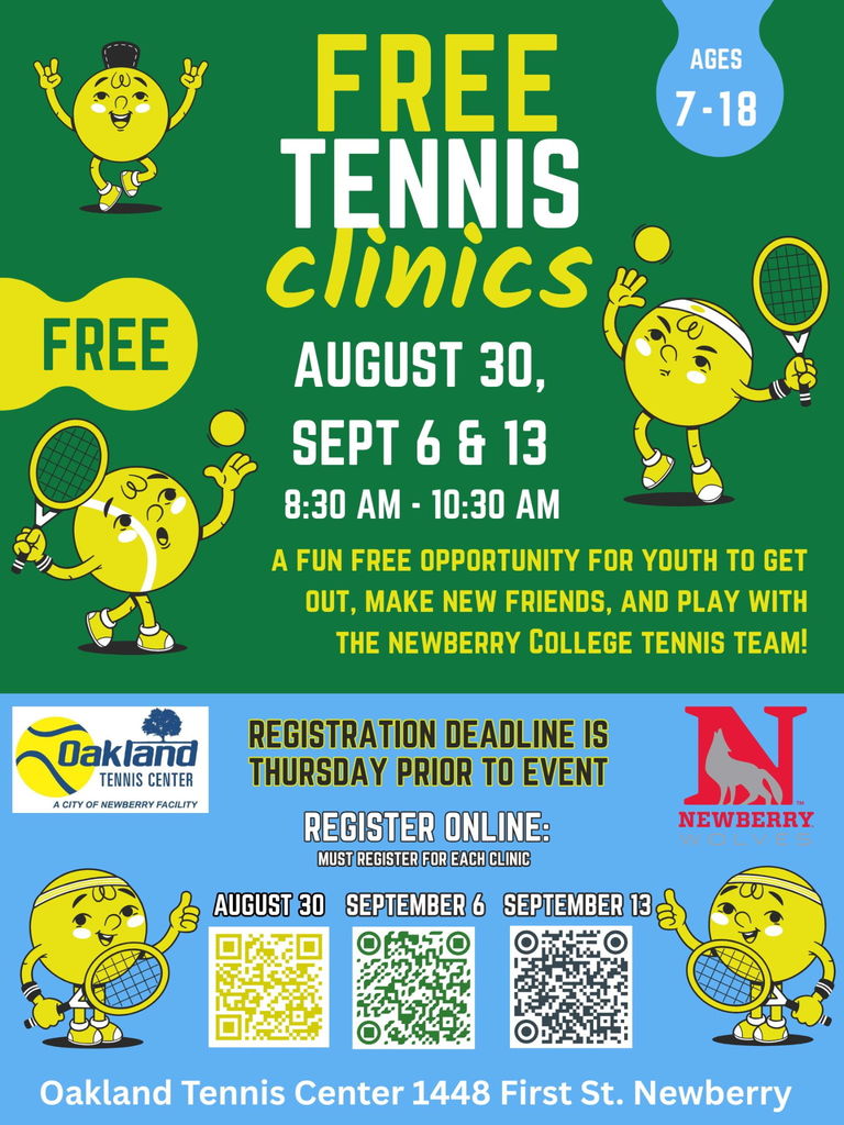 Free Tennis Clinics August 30, September 6 & 13