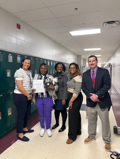 Pictured: Left to Right Dr. Jeter-Asst. Principal, Mrs. Boyd-Teacher of the Month, Ms. Brown-Asst. Principal, Mrs. Drayton-Asst. Principal and Mr. Reid-Principal