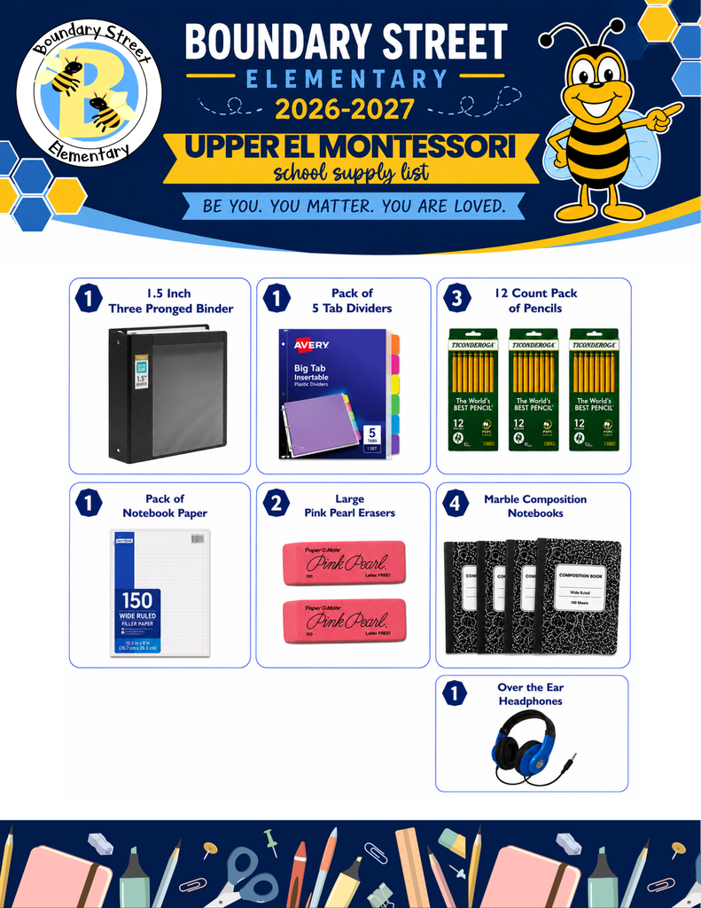 Supplies Needed for Upper Elementary Montessori: 2 Primary marble composition notebooks 2 24-count Crayola crayons 2 packs Elmer's glue sticks 3 packs 12-count Ticonderoga pencils 1 pencil pouch 1 pack Expo markers 2 large Pink Pearl erasers 1 blunt-tip scissors 1 over-ear headphones