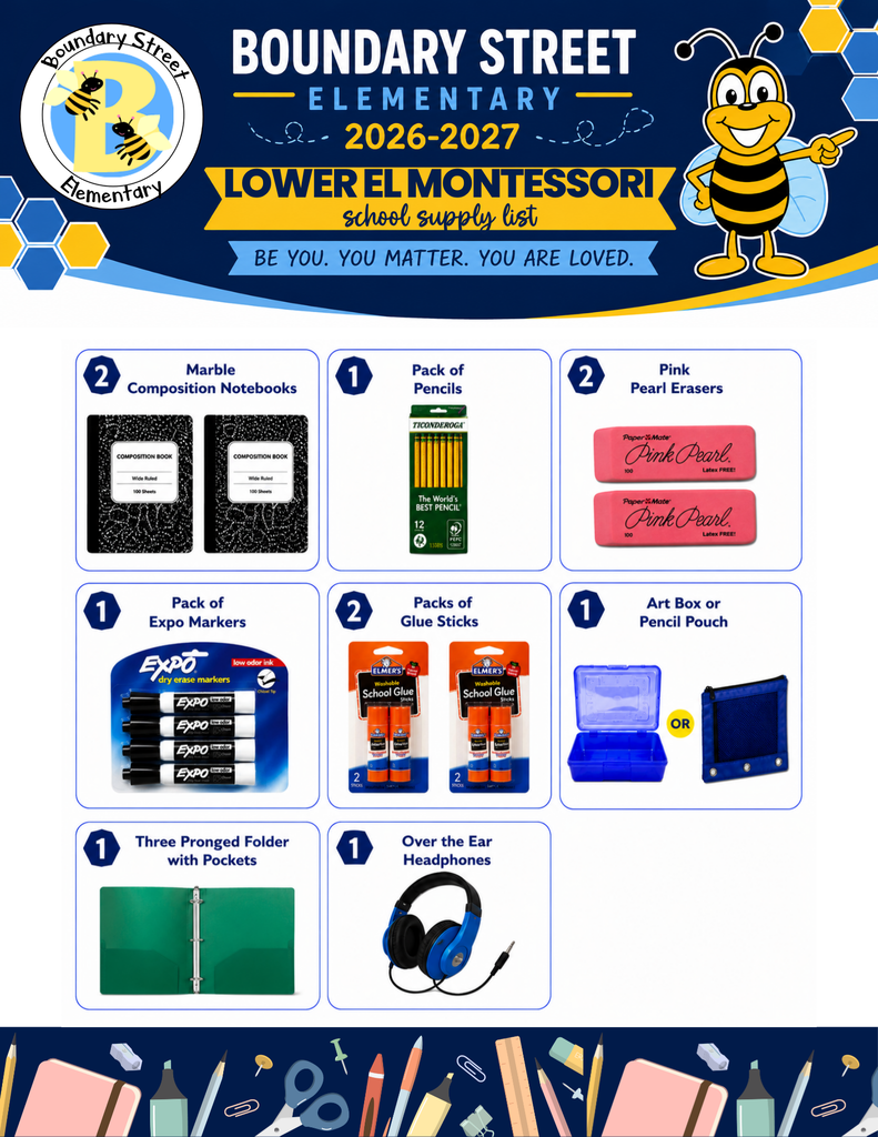 Supplies Needed for Lower Elementary Montessori: 2 Primary marble composition notebooks 2 24-count Crayola crayons 2 packs Elmer's glue sticks 3 packs 12-count Ticonderoga pencils 1 pencil pouch 1 pack Expo markers 2 large Pink Pearl erasers 1 blunt-tip scissors 1 over-ear headphones
