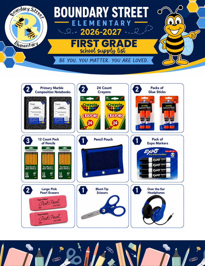 Supplies Needed for 1st grade: 2 Primary marble composition notebooks 2 24-count Crayola crayons 2 packs Elmer's glue sticks 3 packs 12-count Ticonderoga pencils 1 pencil pouch 1 pack Expo markers 2 large Pink Pearl erasers 1 blunt-tip scissors 1 over-ear headphones