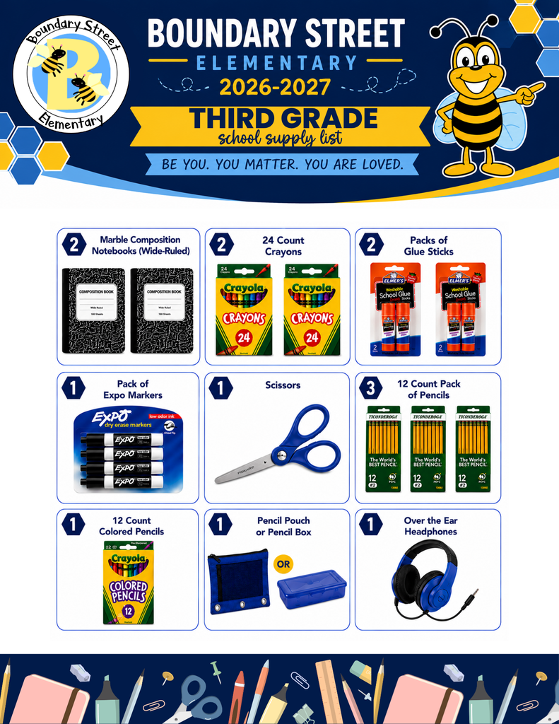 Supplies Needed for 3rd grade: 2 Primary marble composition notebooks 2 24-count Crayola crayons 2 packs Elmer's glue sticks 3 packs 12-count Ticonderoga pencils 1 pencil pouch 1 pack Expo markers 2 large Pink Pearl erasers 1 blunt-tip scissors 1 over-ear headphones
